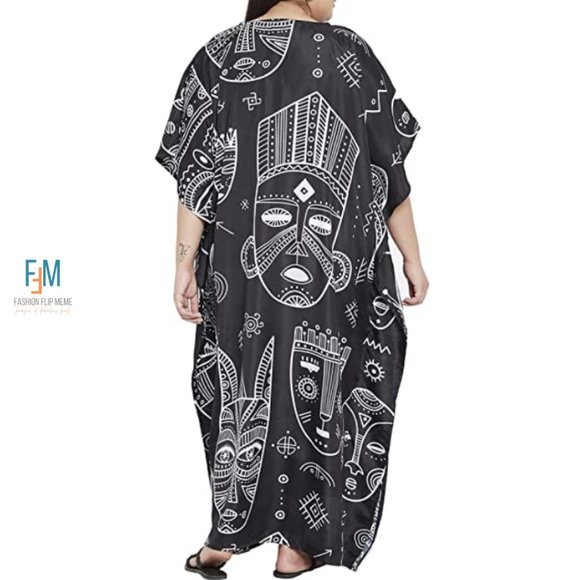 Women's Plus Size Full Length Tribal Print Caftan Maxi Dress OSFA - Picture 2 of 8